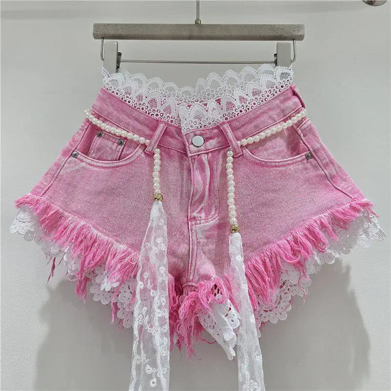 Casual High Waisted Crochet Lace Denim Shorts For Women
