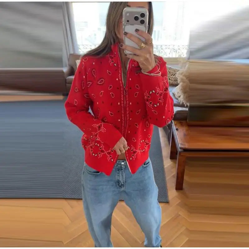 Vintage Printed Knit Stand Collar Zip Cardigan for Women