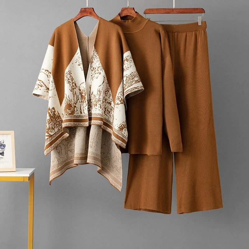 Loose Jacquard Knit Sweater and Wide Leg Pants Set for Women