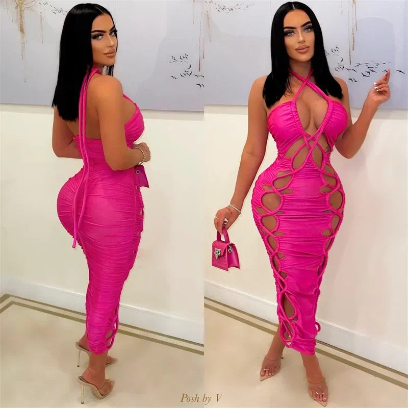 Solid Lace Up Caged Halter Backless Zipper Ruched Midi Dress for Women