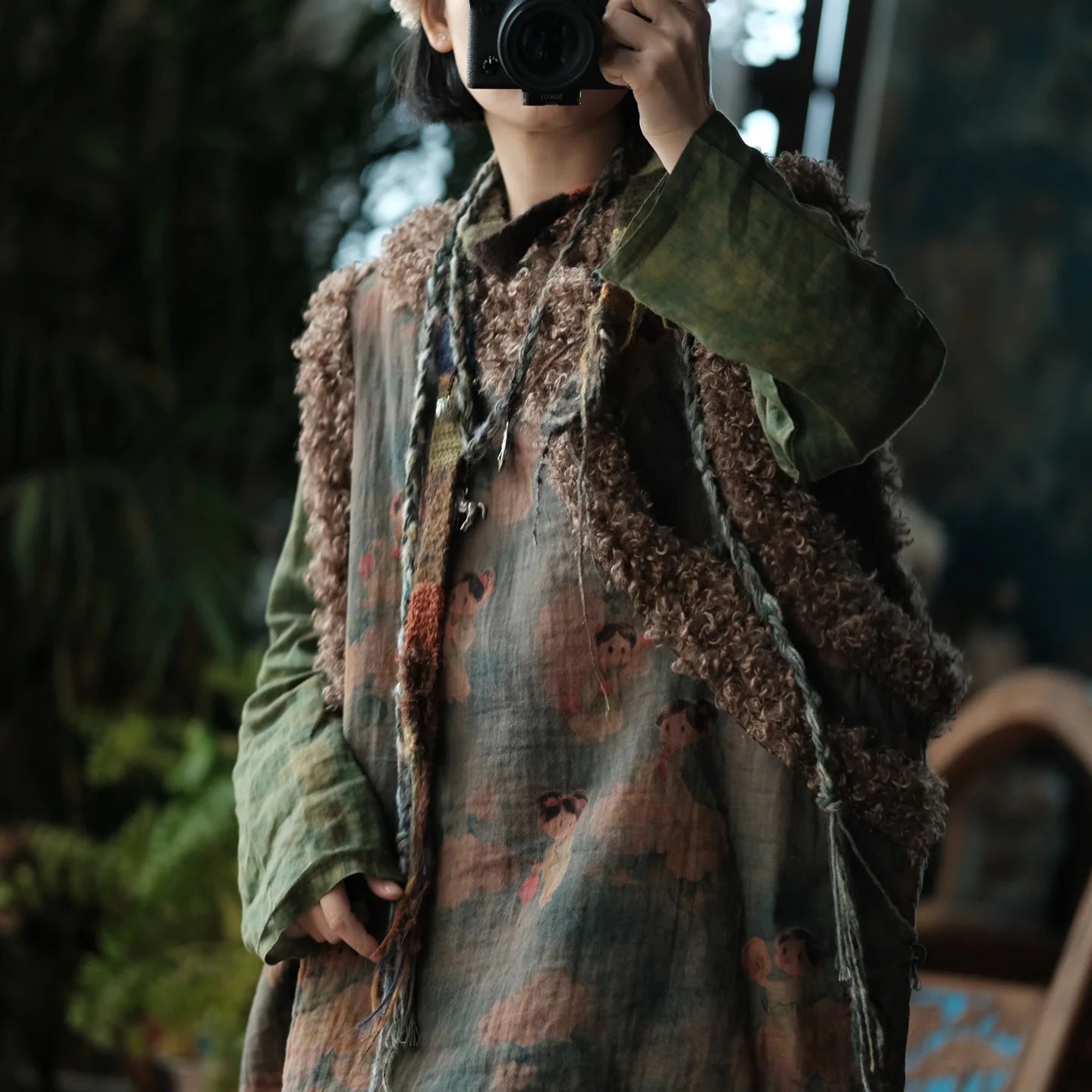 Winter Vintage Cartoon Print Knit Vest Coat for Women