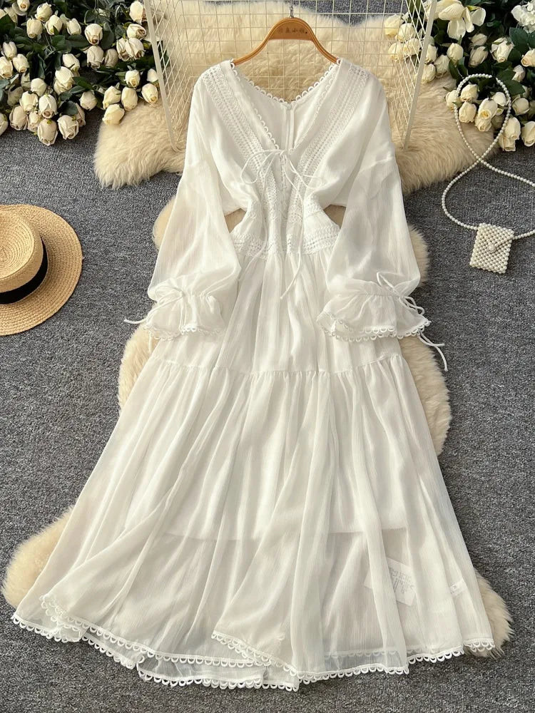 Elegant French V-Neck Waist-Cinching Maxi Dress for Women