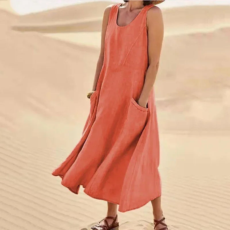 Casual Sleeveless Midi Dress With Side Pockets For Women