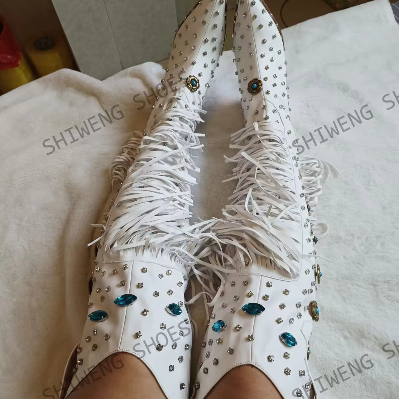 2025 Diamond Fringes Western Boots Women Sparkly Block High Heels Crystal Trim Shoes Ladies Winter Pointed Toe Knee High Boots
