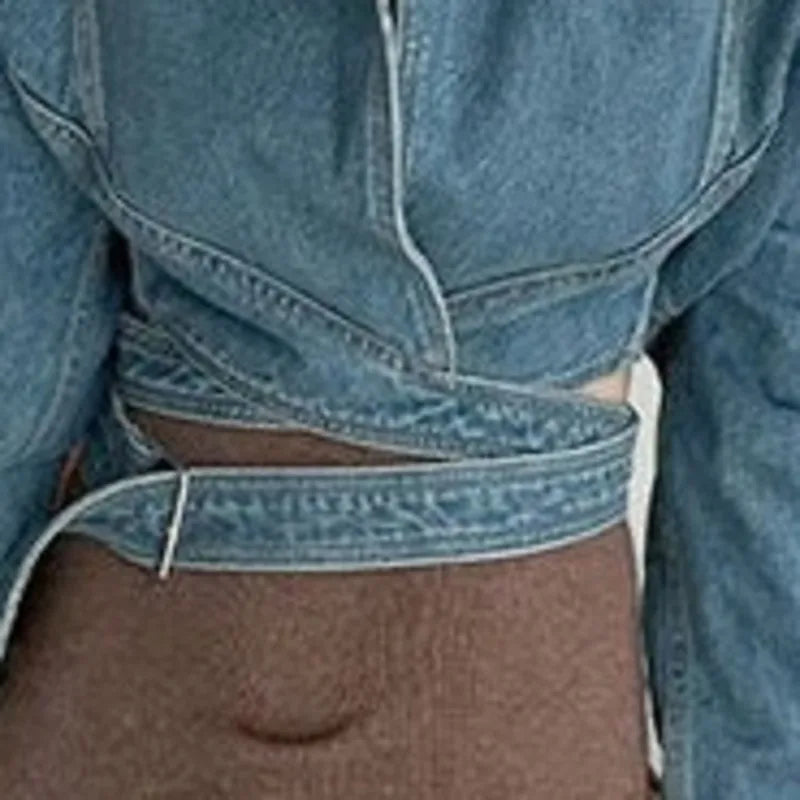 ANJY Autumn New Women Fashion Unique Lace- Up Distressed Washed Denim Jacket High Street Chic Versatile Casual Short Coat A16787