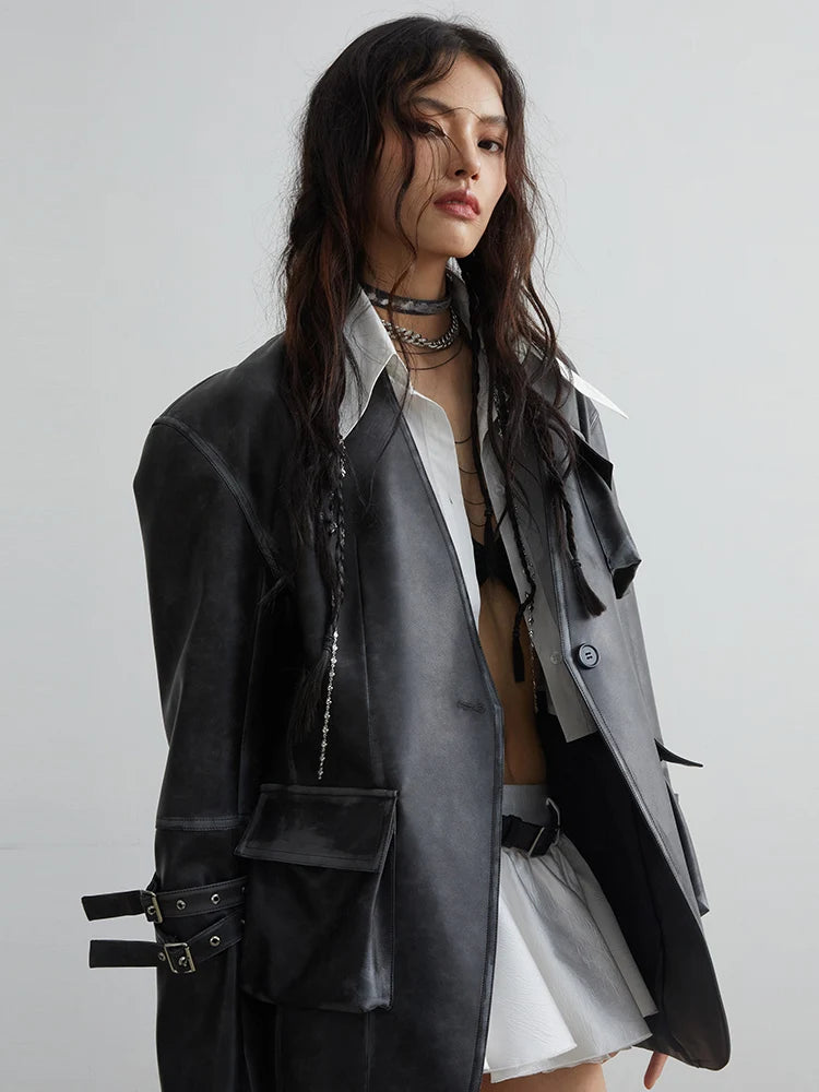 Loose Fit Black Faux Leather Jacket With Pockets for Women