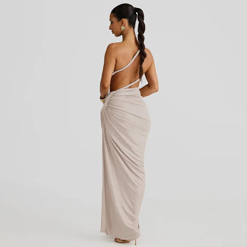 BOOFEENAA Asymmetrical Ruched Backless High Split Long Dresses 2025 Woman Summer Dress Elegant Sexy Vacation Outfits C70-FD75