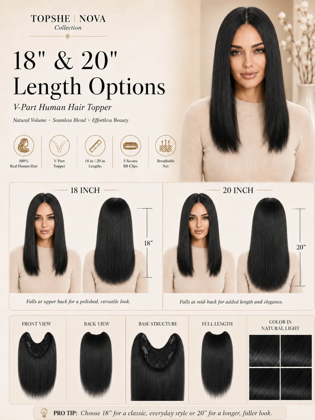 Natural Brown Straight V Part Human Hair Blend Topper for Women
