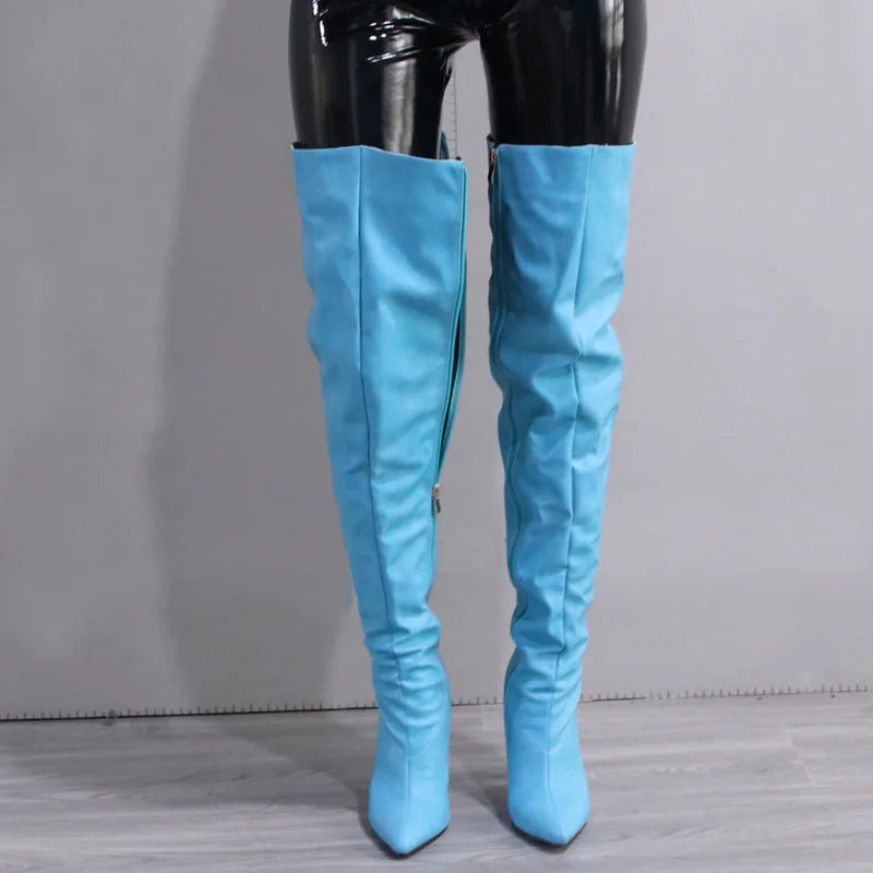 Fashion Leather Side Zipper Pointed Toe Stiletto Over The Knee Boots for Women