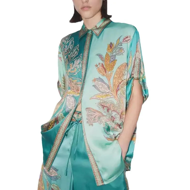 Womens Two Piece Suit Set With Long Sleeve Shirt And Wide Leg Trousers Retro Print Spring Summer Style