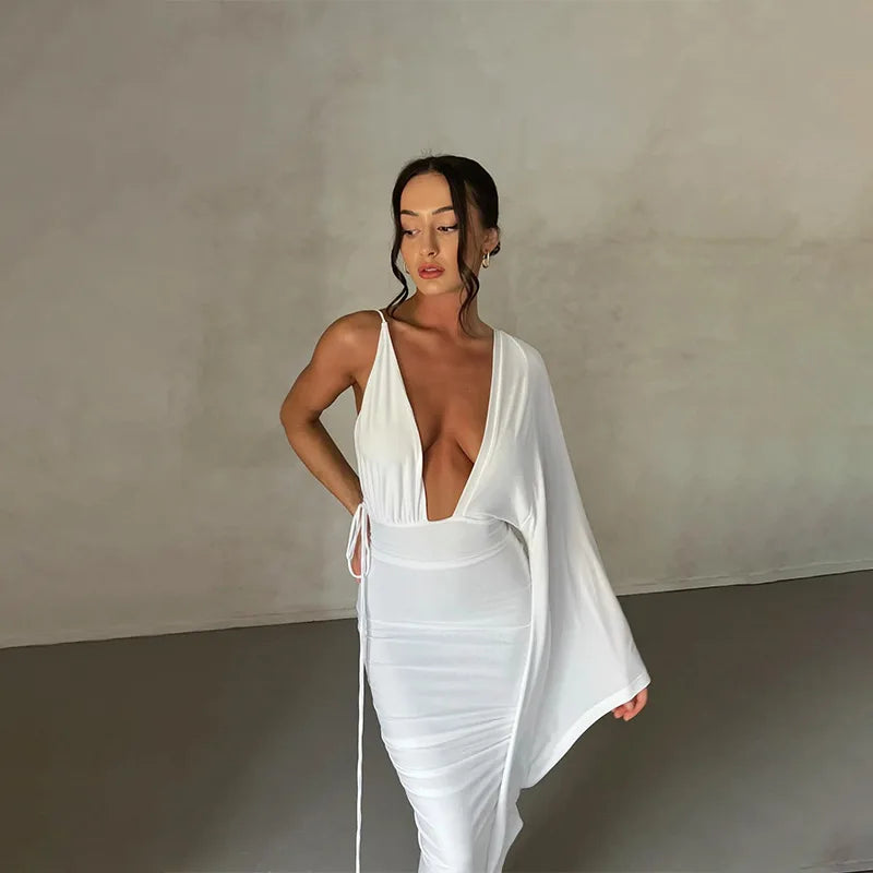 Cryptographic Fashion Draped Deep V Sexy Backless Maxi Dresses Party Club Women Elegant One Shoulder Gown Slip Dresses Ruched