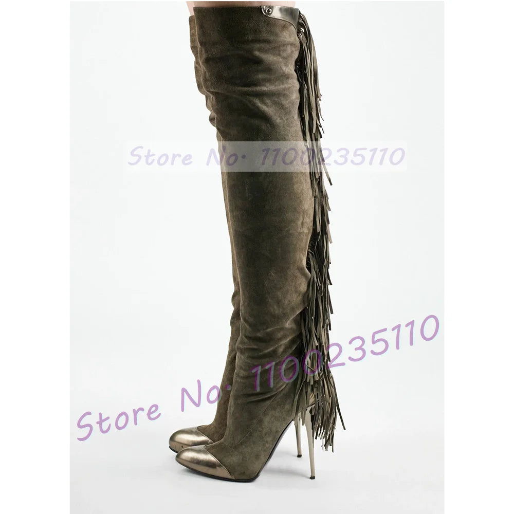 Grey Fringe Leather Over Knee Boots