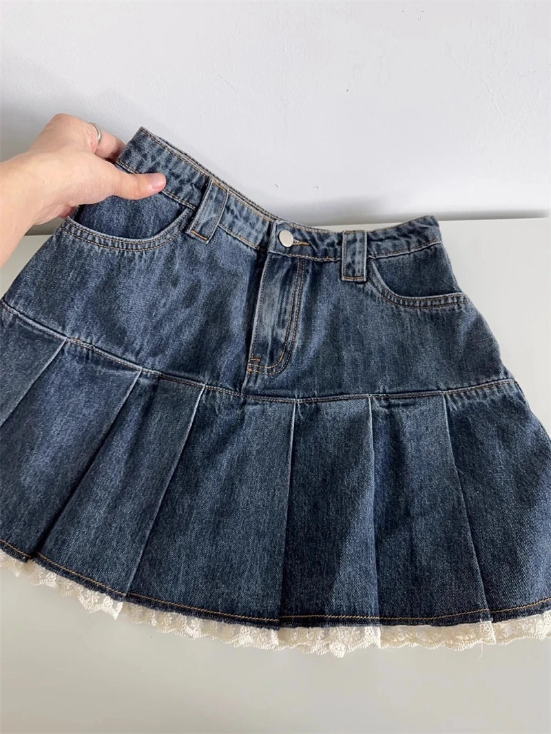 Women Blue A-line Denim Skirt Vintage Aesthetic Y2k Patchwork Lace Jean Skirt Harajuku Korean Cowboy Skirts 2000s Clothes Summer