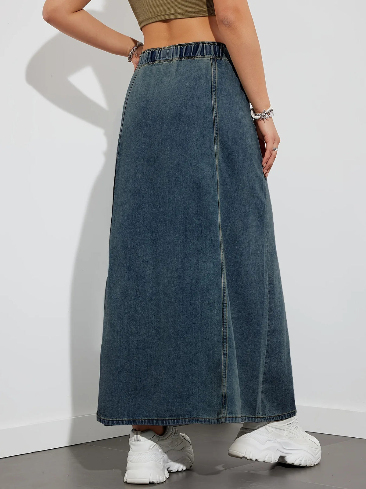 Elastic Waist Lace Up Loose Casual Denim Maxi Skirt for Women