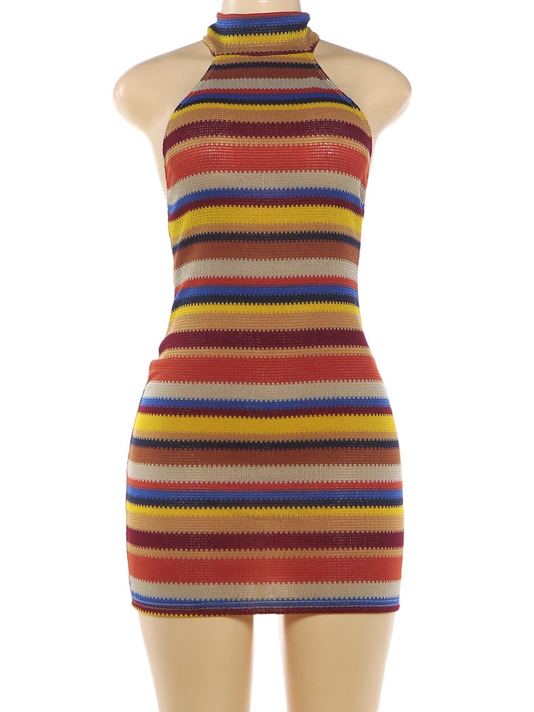 Patchwork Stripe Bodycon Halter Backless Mini Dress for Women