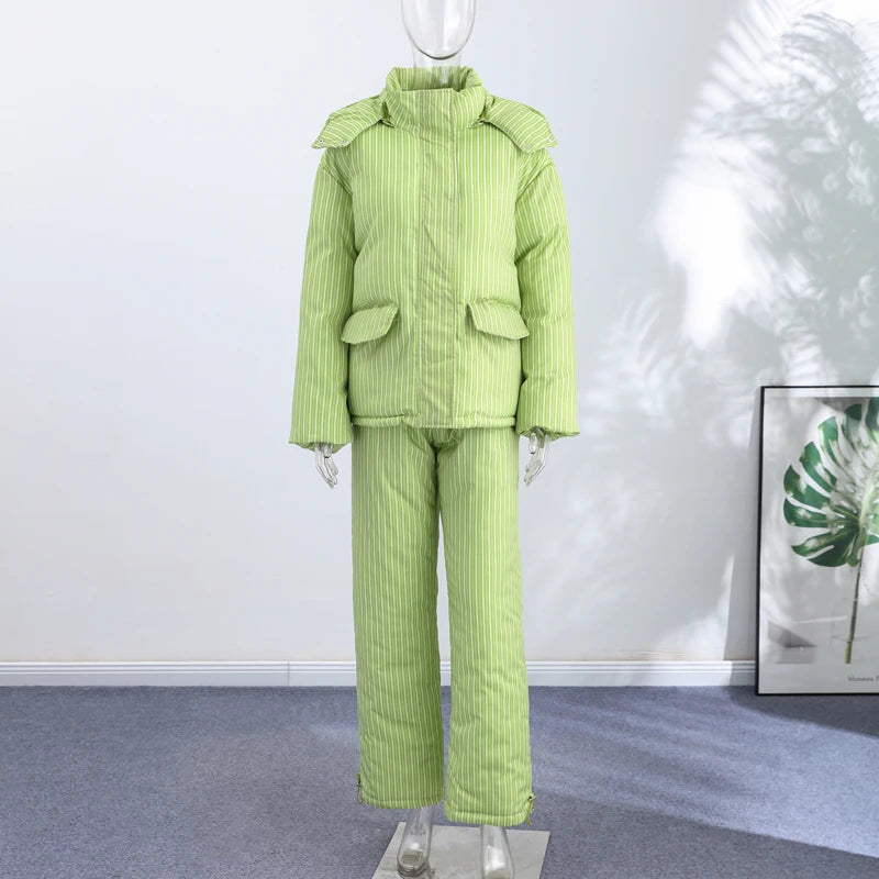 Striped Hooded Puffer Jacket and Wide Leg Pants Set for Women