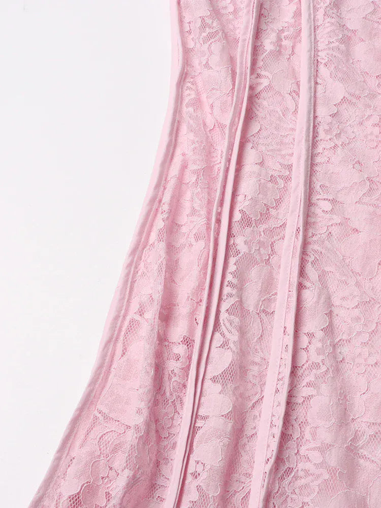 TWOTWINSTYLE Patchwork Lace Slimming Dresses For Women Stand Collar Flare Sleeve High Waist Solid Elegant Dress Female Fashion