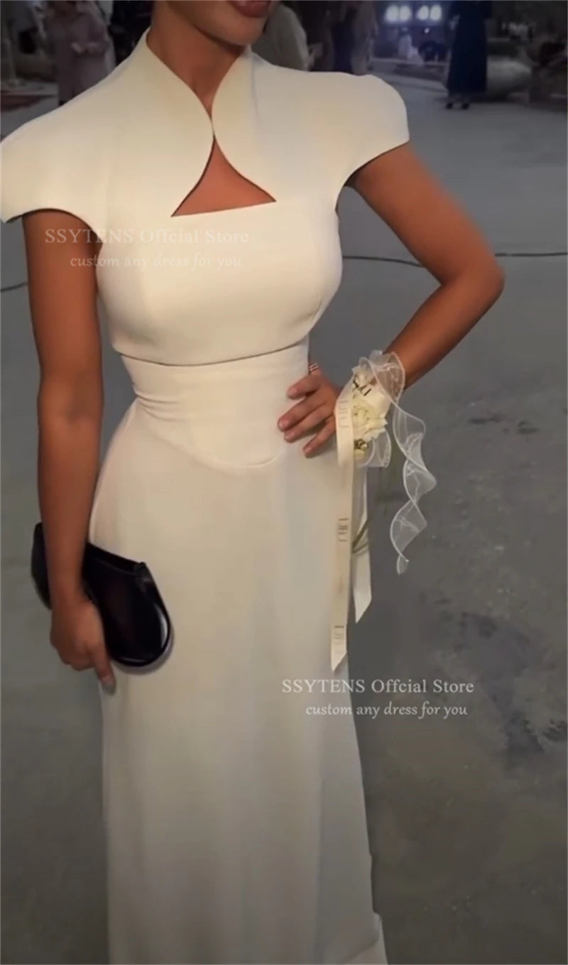 Mermaid Silhouette White High Neck Floor Length Evening Dress for Women