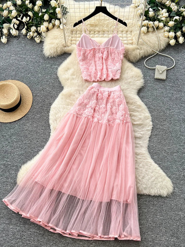 3D Floral Lace Camisole and Pleated Skirt Set for Women