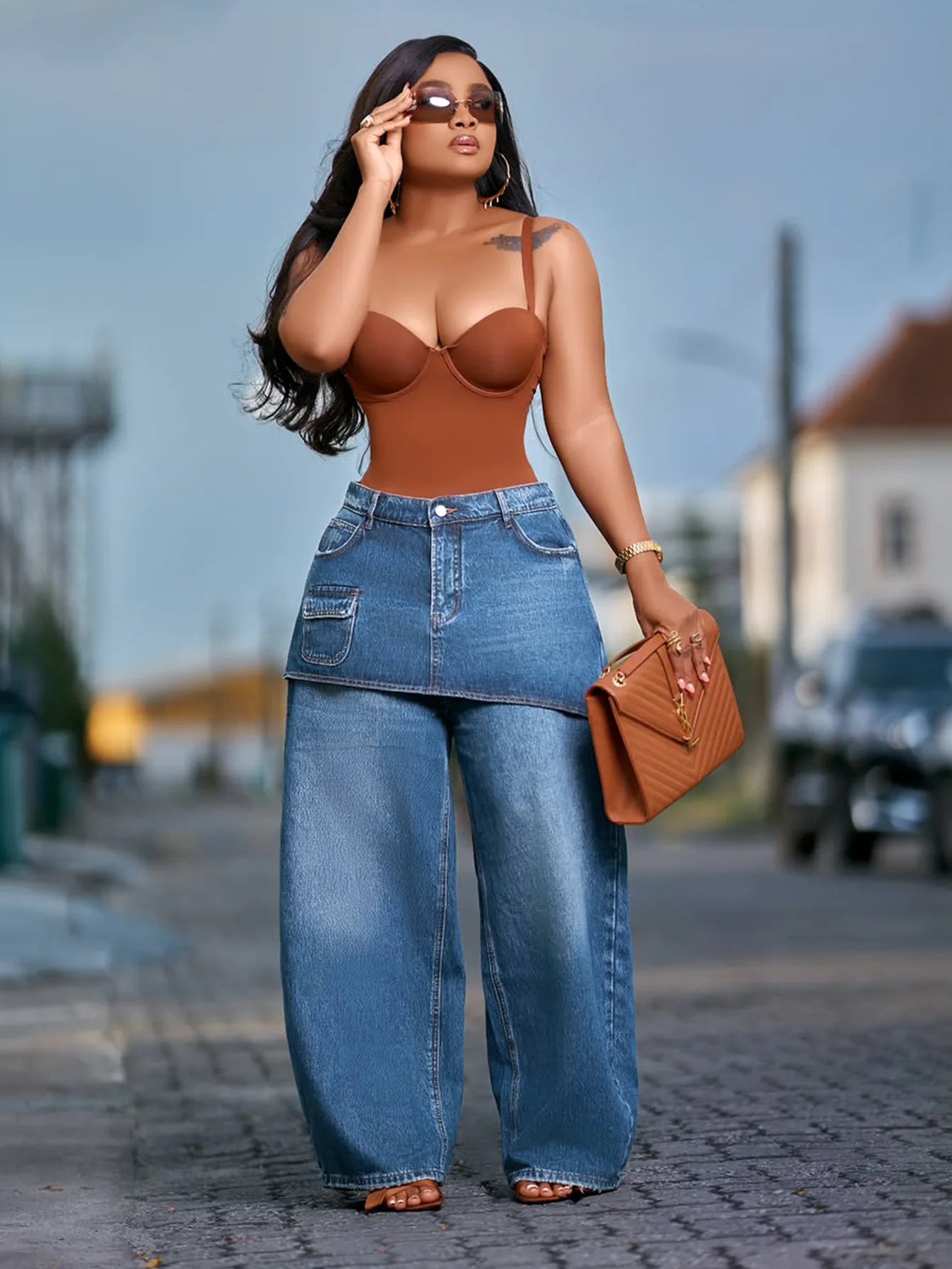 High Waisted Wide Leg Denim Jeans With Detachable Skirt For Women