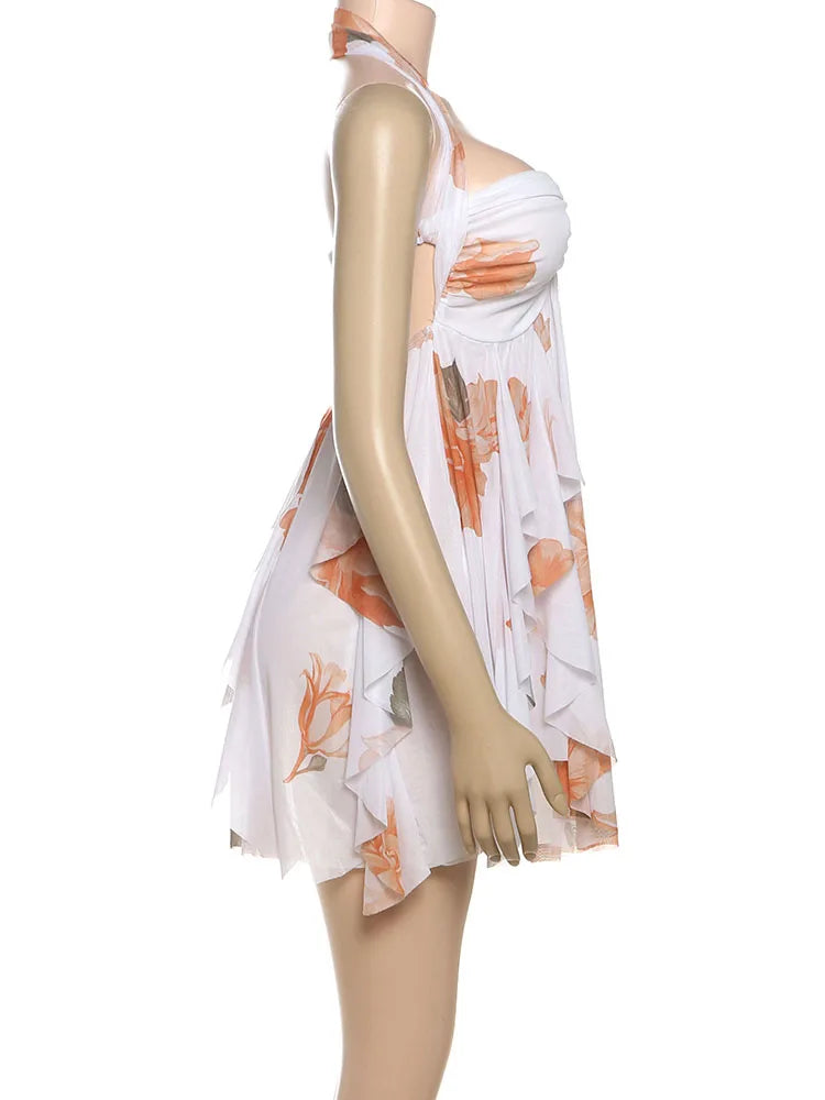 Nibber Backless Metal Starfish Dress Women Low-Nec Chest Wrap Halter Irregular Ruffles Hem Sleeveless Vacation Mini Bodycon