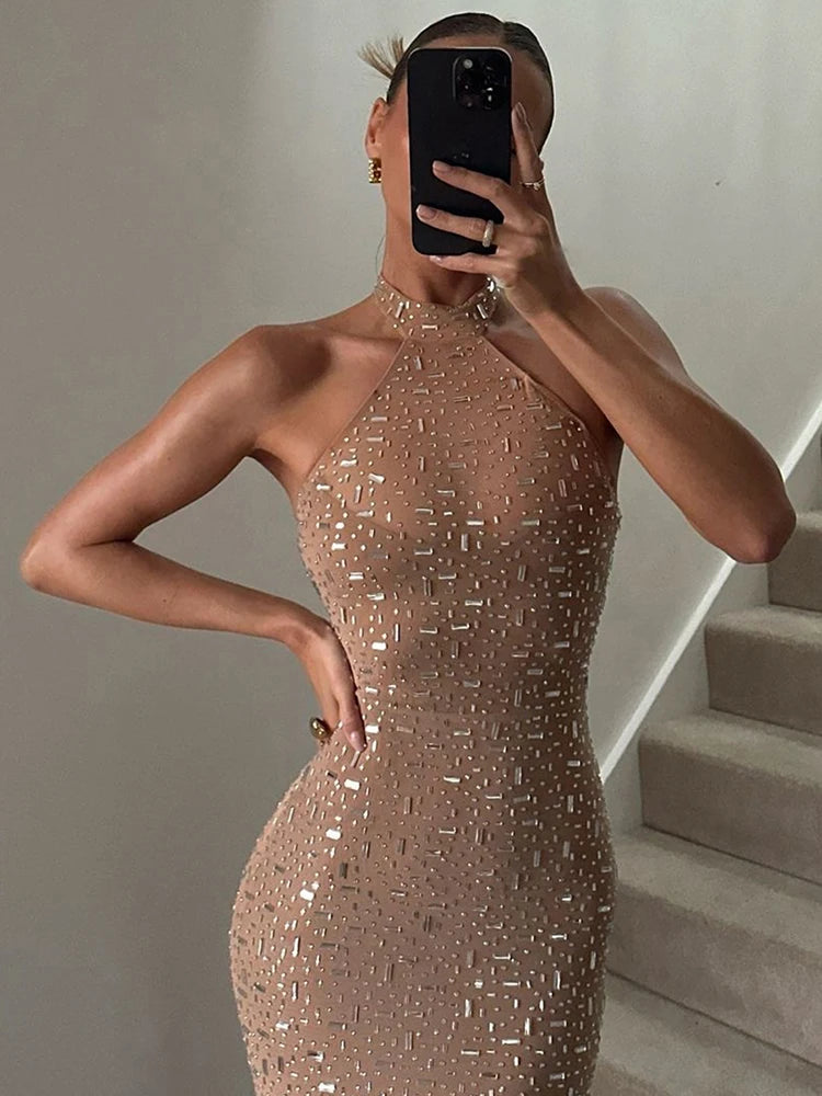 Shimmer Sequin Applique Halter Party Gown for Women