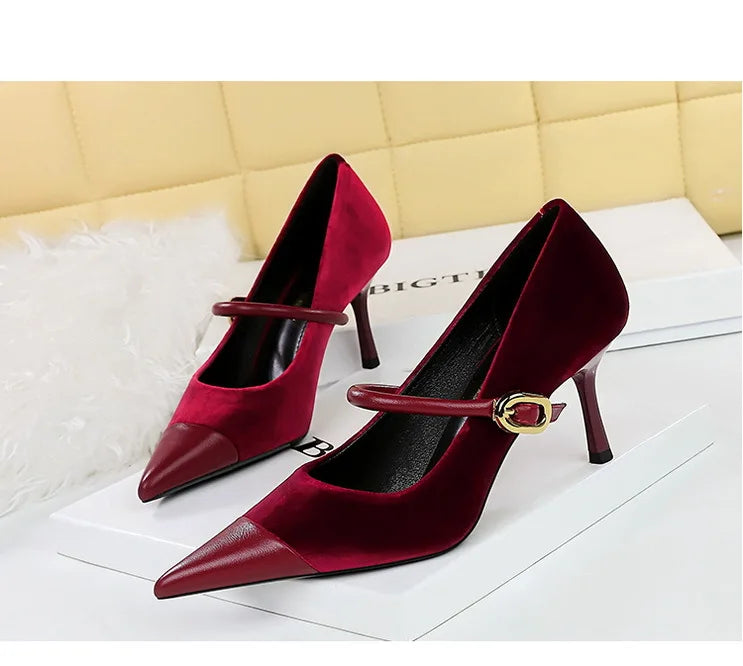 Suede Buckle Strap Pointed Toe Stiletto Pumps for Women