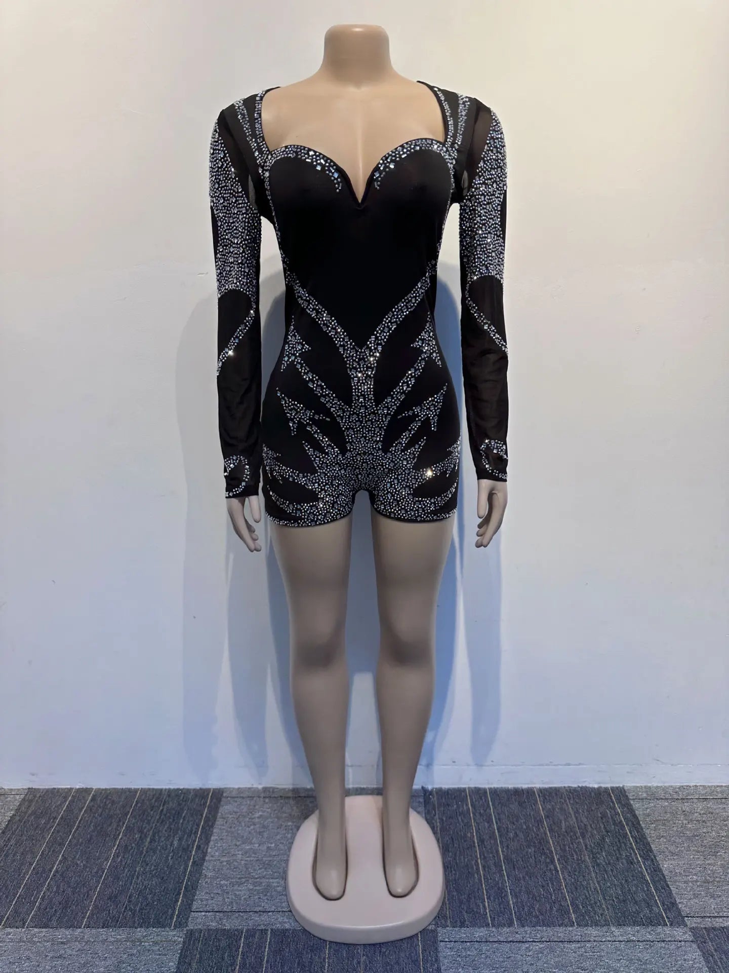 Rhinestone Mesh V Neck Long Sleeve Jumpsuit For Women