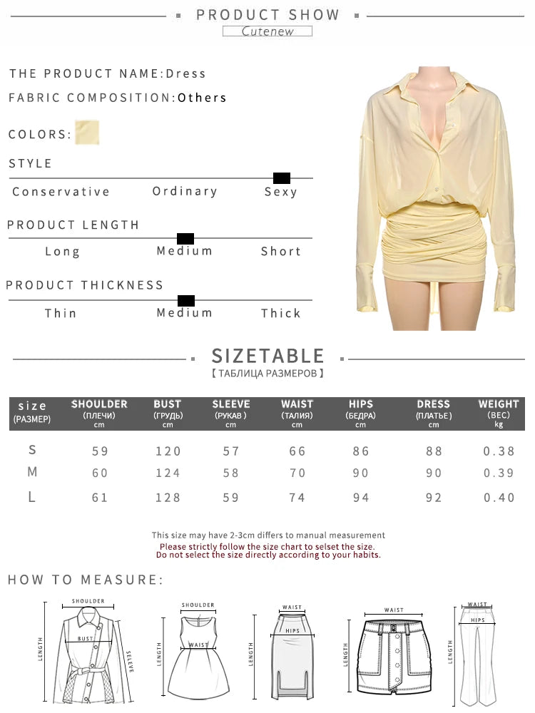 Cutenew Solid Classic Women Blouse Dress Sexy Thin See Through Full Sleeve Lapel Single Breasted Pleated Mini Vestido Streetwear