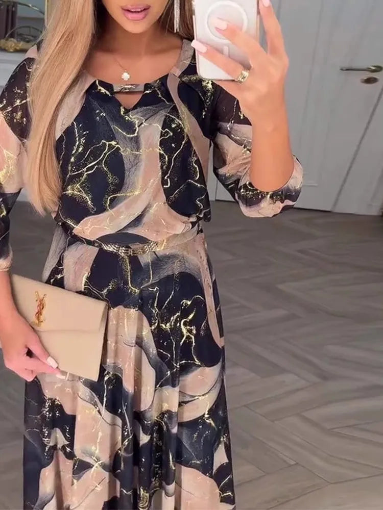 Elegant Cinched Waist Printed Long Dress for Women