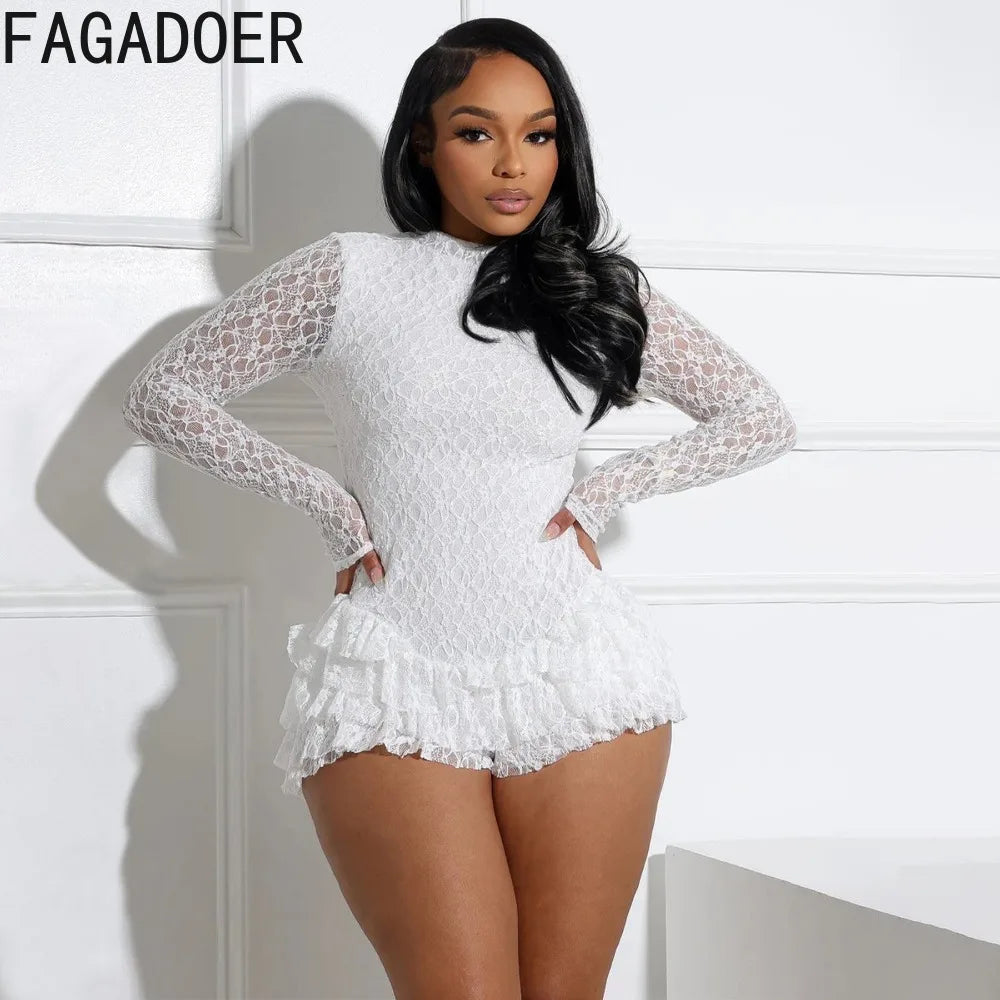 FAGADOER Sexy Lace Ruffle Patchwork Bodycon Romper Woman See Through Long Sleeves One Piece Jumpsuits Female Nightclub Overalls