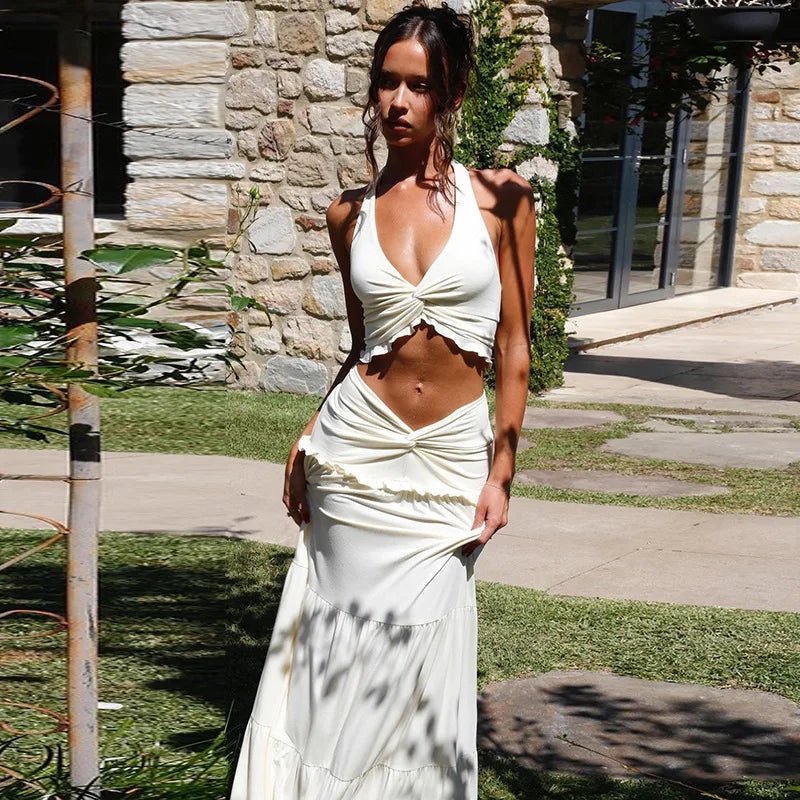 Cryptographic Elegant Two Piece Sets Sleeveless Frill Halter Twist Top Dress Sets Outfits Fashion Co-ord Sets Coquette Clothes