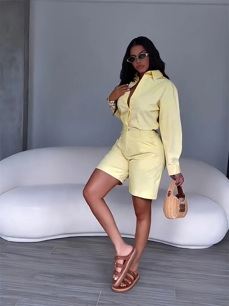 Solid Elegant Casual Long Sleeve Top and Shorts Two Piece Set for Women