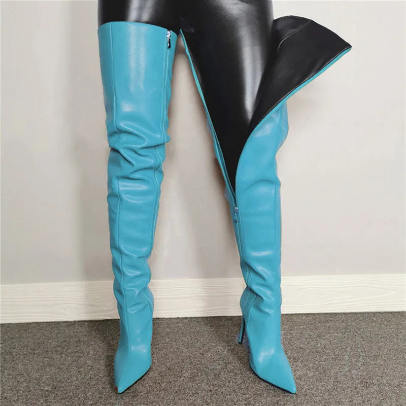 Fashion Leather Side Zipper Pointed Toe Stiletto Over The Knee Boots for Women