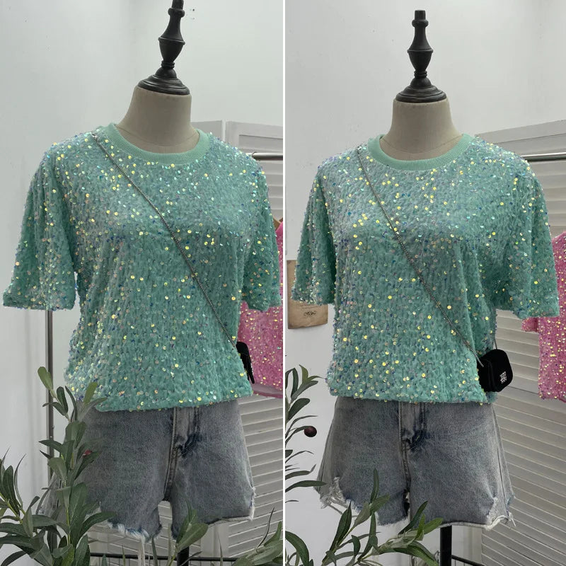 Spicy Girl Pink Sequins Short Sleeve T-shirt Round Neck Slimming Crop Top Blingbling Sexy Nightclub Multi Color Casual Tees
