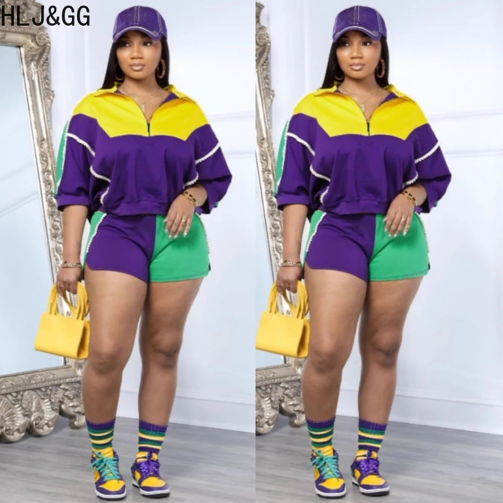 Sporty Color Block Crop Top and Shorts Set for Women