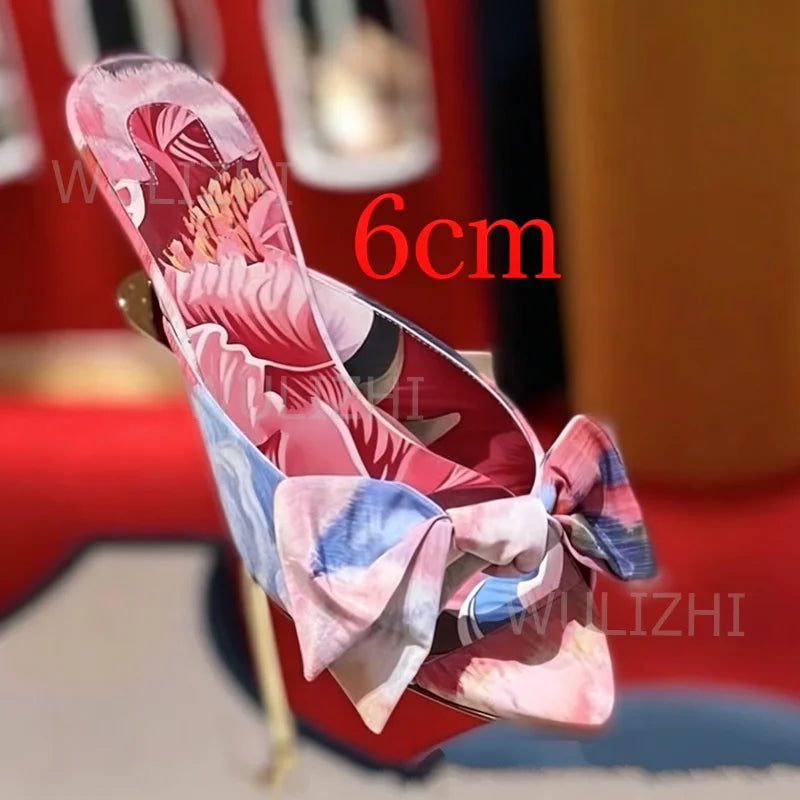 Blue Silk Bow Leather Knotted Open Toe Sandals for Women