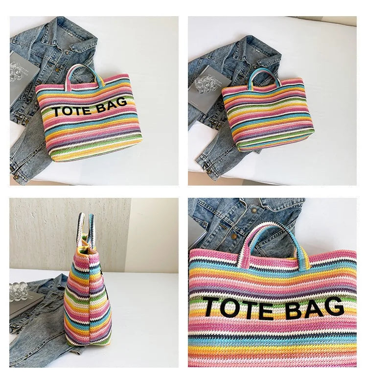 New straw woven bag, large capacity tote bag, crossbody striped letter contrasting beach bag