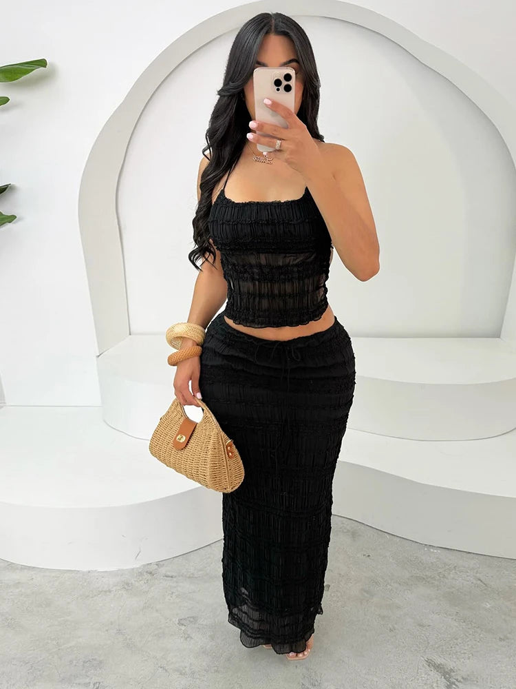 Elegant Backless Halter Two Piece Skirt Set for Women