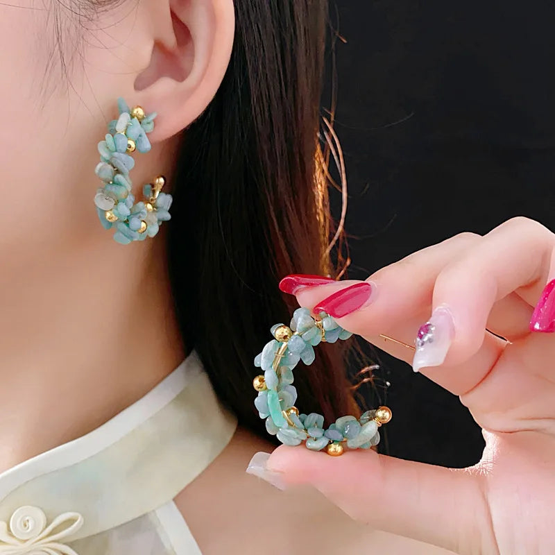 Navy Stone Irregular Hoop Earrings