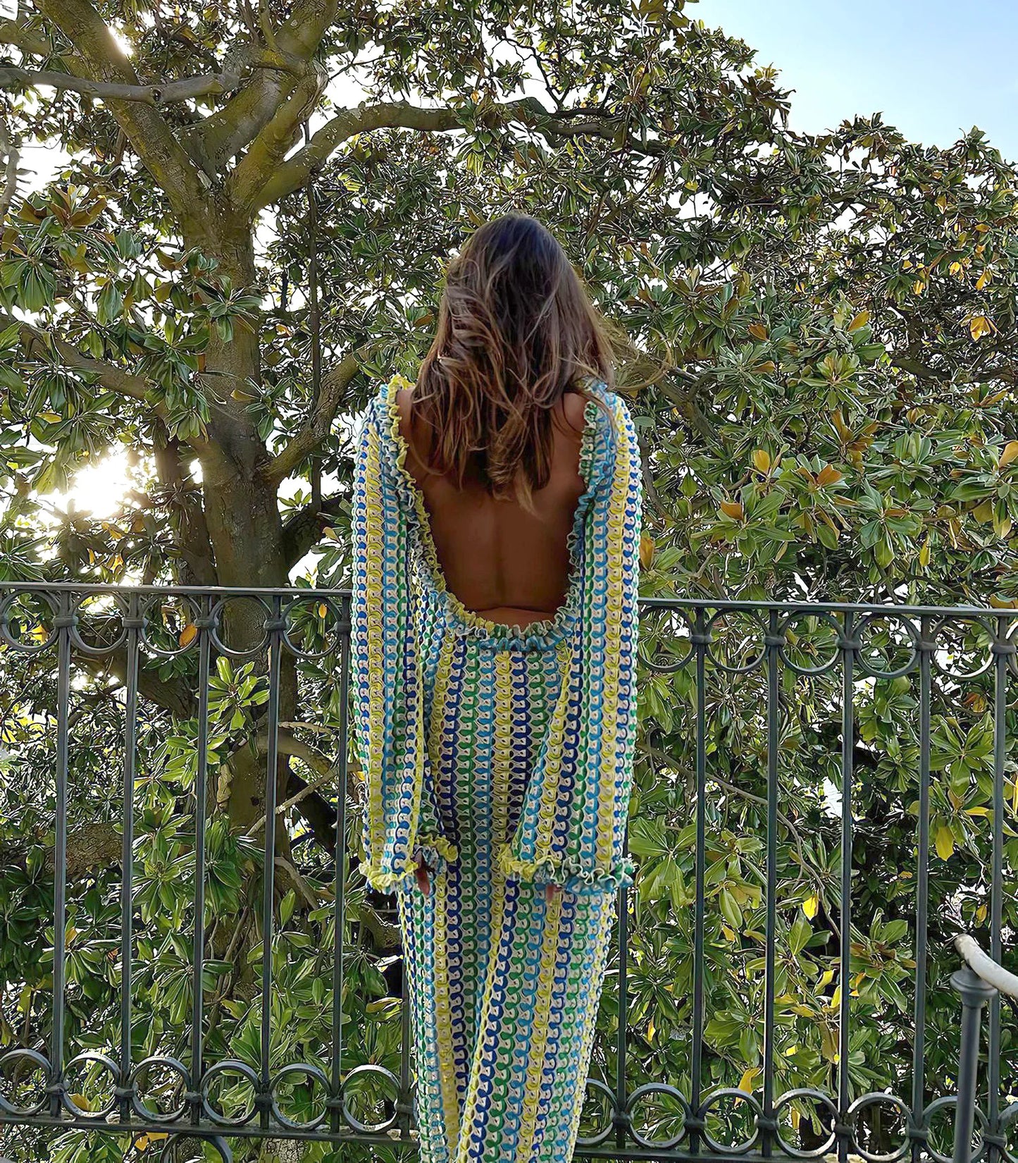 Sexy Backless Flare Sleeve Lace Knit Cut Out Party Beach Maxi Dress 2025 Summer Women Vacation Beachwear Swimsuit Cover Up A2815