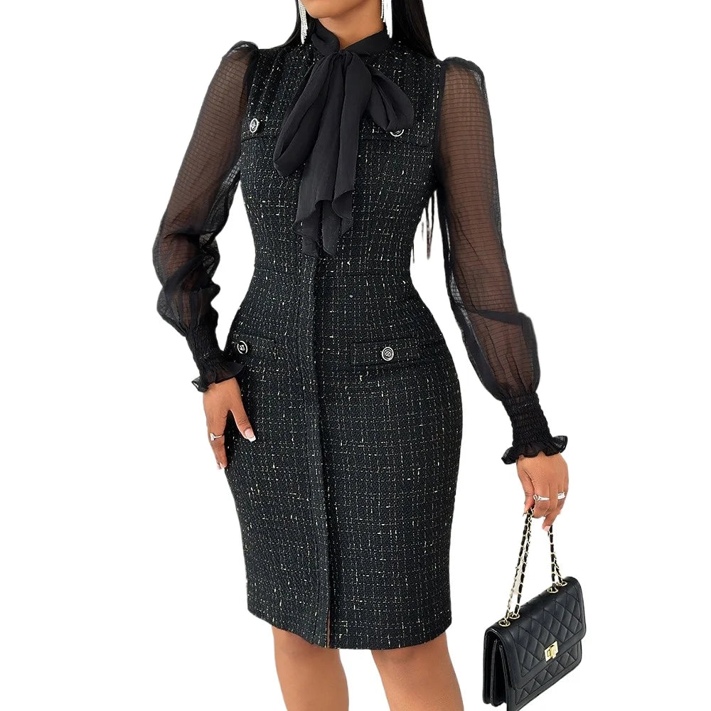 Tie Neck Mesh Patch Midi Dress