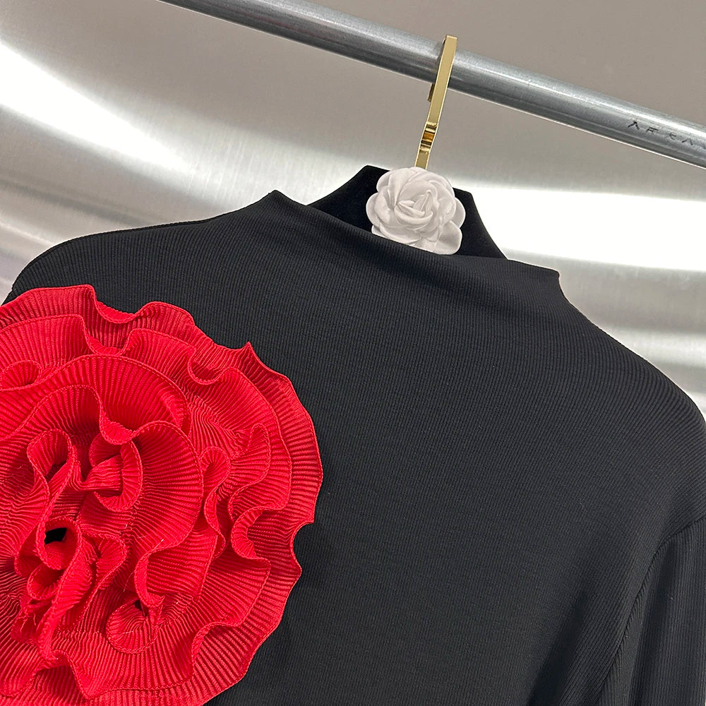 VGH Temperament Spliced Fungus Shirt For Women Turtleneck Petal Sleeve Slimming Chic Elegant Hit Color Blouse Female Spring New