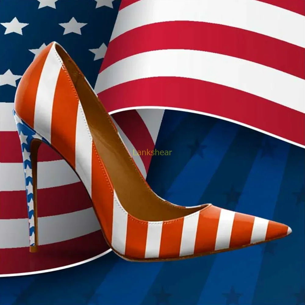 American Flag Print Pointed Toe Stiletto Pumps for Women