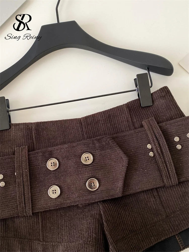 Retro Corduroy Button Detail Low Waist Shorts for Women