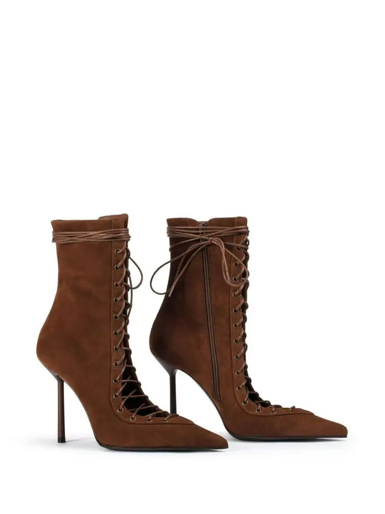 Lace Up Knee High Heeled Boots With Side Zipper for Women