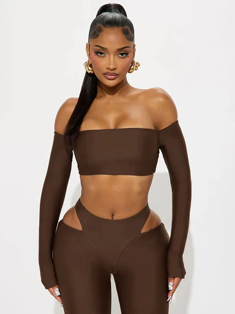 Slash-Neck Crop Top Two-Piece Set