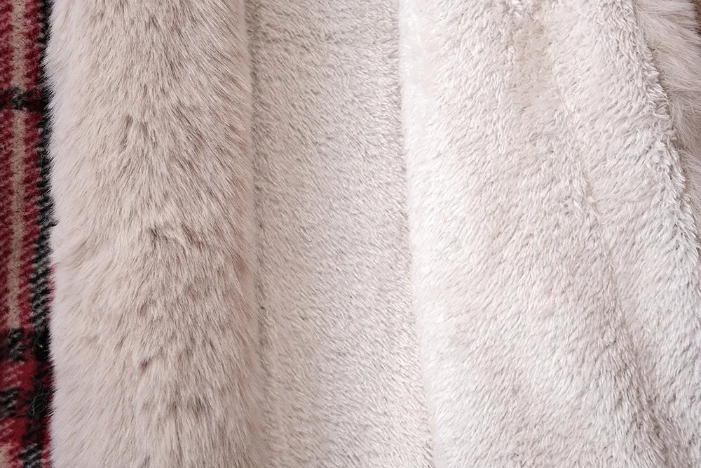 Faux Rabbit Fur Plaid Hooded Poncho Coat for Women