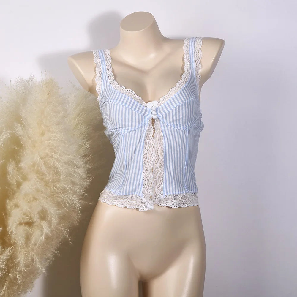 Striped Lace Trim V-Neck Slim Fit Camisole Top for Women