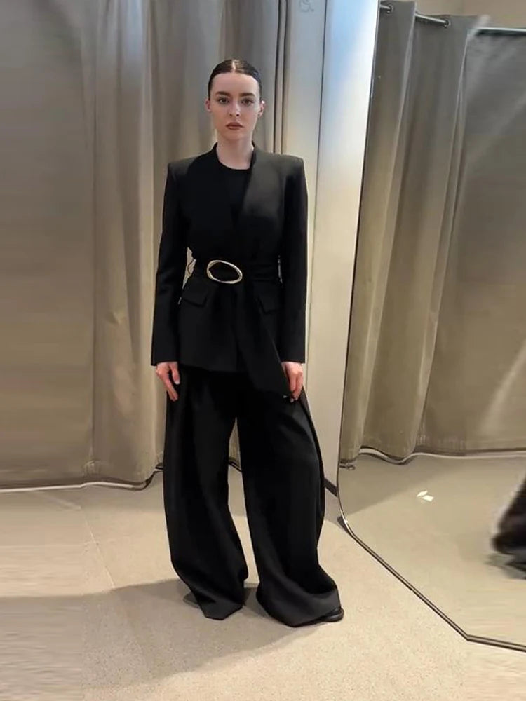 Elegant Solid Two Piece Blazer Pants Set for Women
